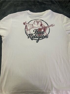 True Religion White Tee with Burgundy and Black Back Graphic